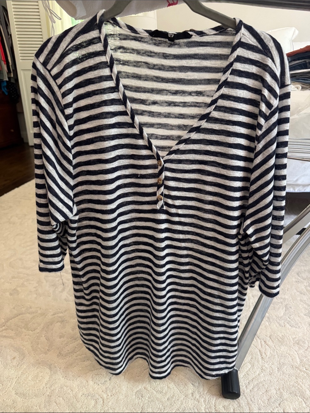 Striped V-Neck Tunic Top — Navy and White